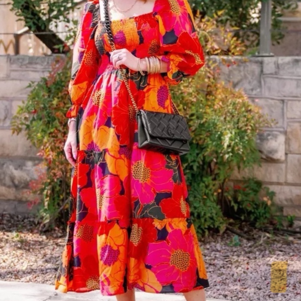 J.Marie Red, Pink And Orange Dress With Square Neckline